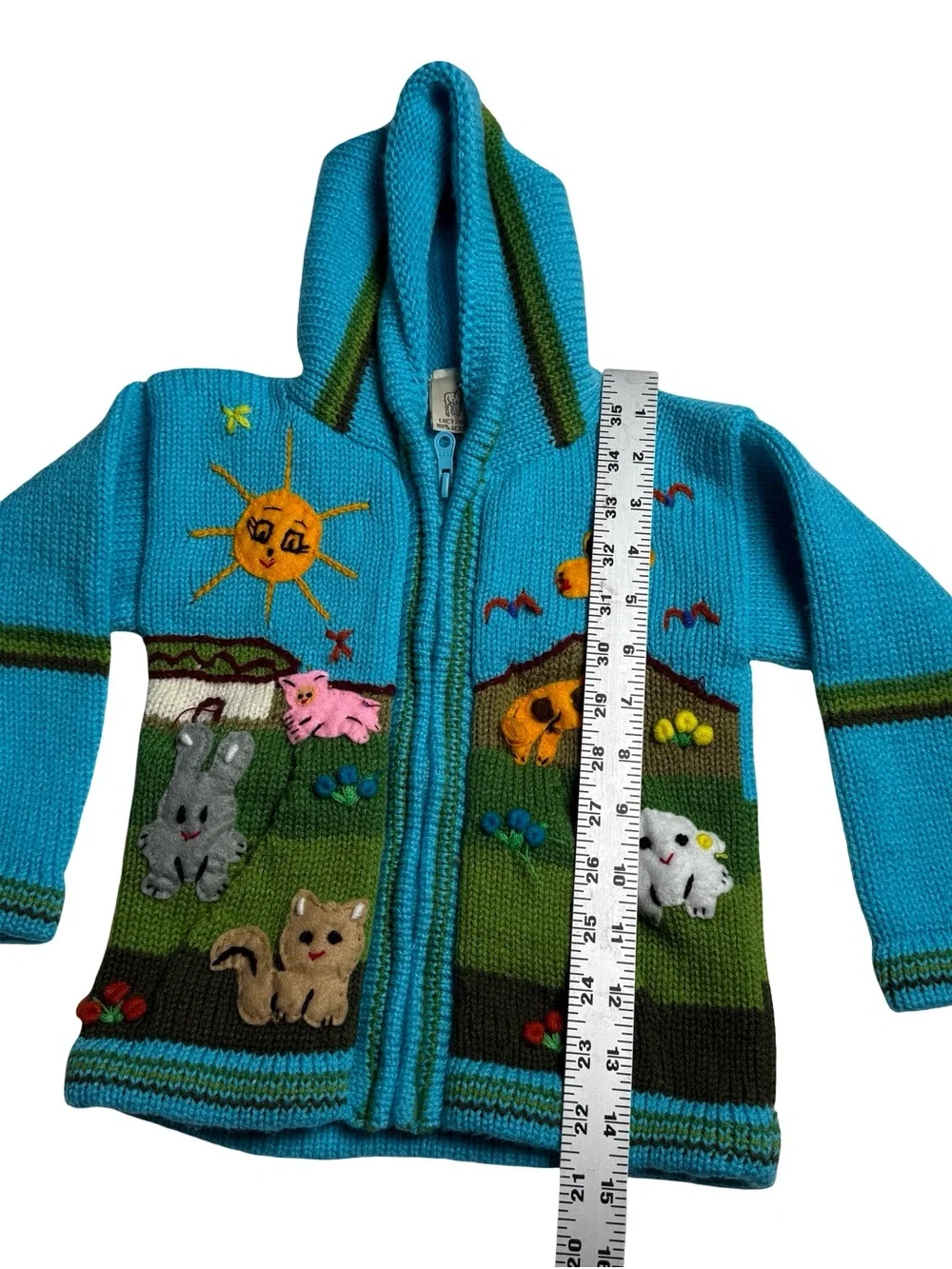Handknit Peruvian Zip Up Hooded Sweater Lucy Iburg 4T Colorful Animals Landscape